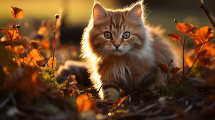 Naklejka na ściany i meble Un chaton espiègle, cherchant l'aventure, découvre un trésor caché sous les feuilles, étincelant au soleil du matin.