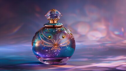 A celestial-inspired perfume bottle with iridescent hues and cosmic motifs, evoking celestial beauty.