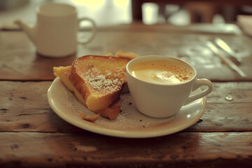 design for cafe ad, coffee and a french toast. restaurant or cafe menu. minimalistic. Pastry. white background. horizontal. fresh morning. copy space. 