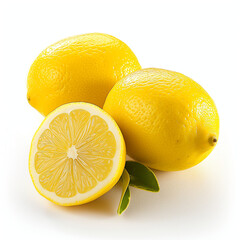 2 whole lemons and one half sliced lemon isolated on white background
