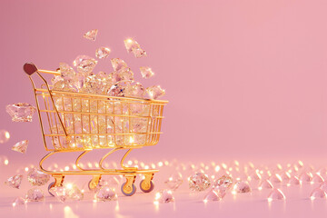 Golden shopping cart with diamonds, pink background with copy space. Jewelry, wedding shopping. Sale, luxury products. Black Friday concept, shopping season, purchase, discounts. Promotion, marketing