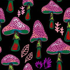 Texture mushrooms, fly agarics. Mushroom organic pattern. Cartoon style. Hand drawn elements. Vector seamless overlapping pattern.