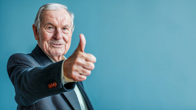 vieux monsieur souriant en costume, chemise et cravate sur fond bleu, montrant son pouce en l'air