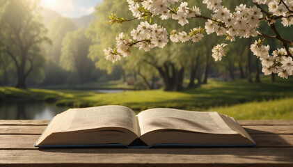 An open book on a wooden table in a calm spring backdrop at sunset. Springtime, World Book day series.
