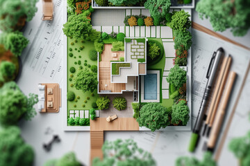 Modern Architectural Landscape Design with Green Spaces and Pool