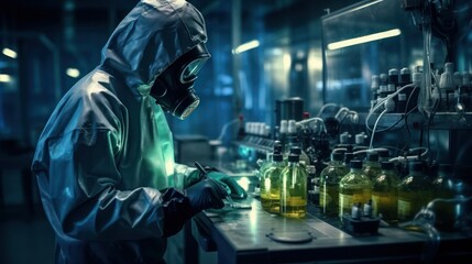 Scientist in protective gear conducts tests using samples of biomaterial, selective focus, close-up.