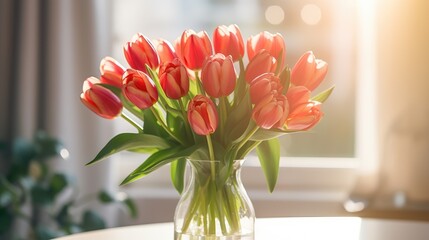 A bouquet of red tulips on the windowsill for congratulations on Mother's Day, Valentine's Day, Women's Day.