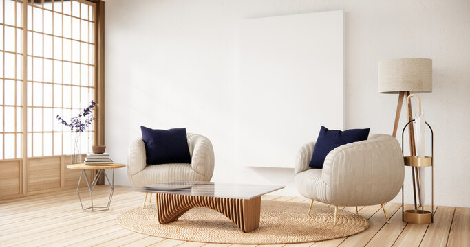 Purple japan interior style has a armchair sofa on living room minimal