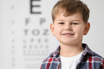 Cute little boy against vision test chart
