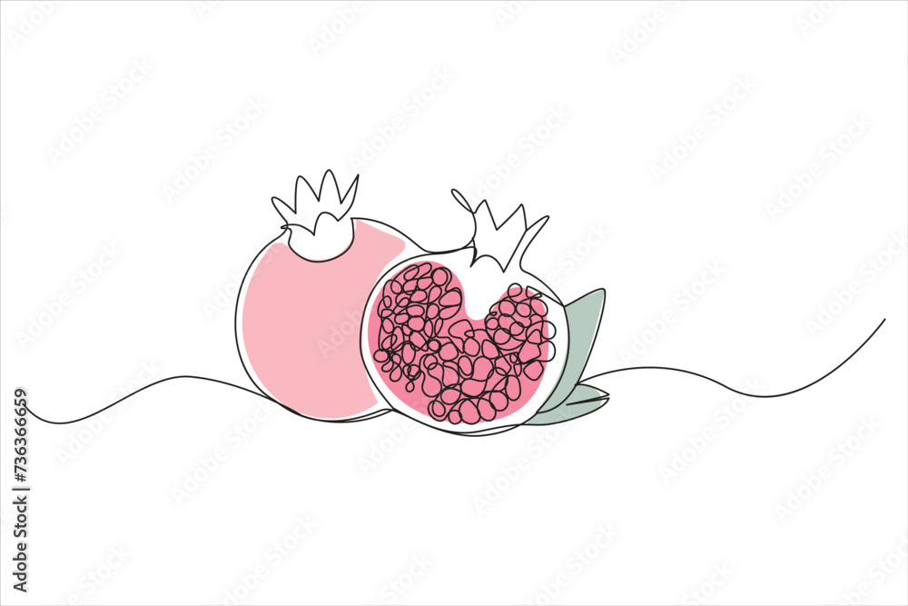 Poster pomegranate in continuous single one line drawing. one line drawing of fruit. happy shana tova fruit