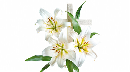 Easter concept, cross and blooming lilies on white background. Postcard template for the religious Great Holiday of Holy Easter