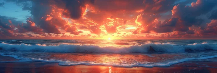 Fototapeten Ocean sunset with sea waves horizontal panoramic banner at golden hour. © Barosanu