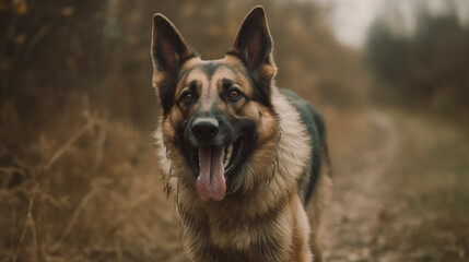 german shepherd dog running brown field background