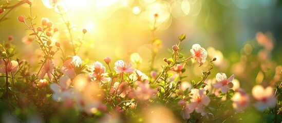 The blooming flowers are beautiful, surrounded by green nature and bright sunlight.