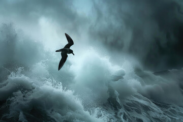 A storm petrel gracefully gliding above turbulent waves during a storm