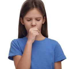 Sick girl coughing on white background. Cold symptoms