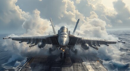 A sleek jet takes off from a runway, soaring through the sky towards a naval ship, representing the power and precision of military aircraft in the realm of aviation - obrazy, fototapety, plakaty