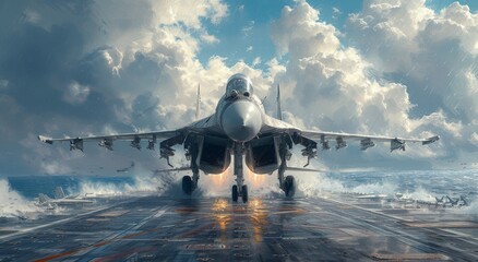 A sleek fighter jet, surrounded by fluffy clouds and ready for takeoff, exudes power and innovation...