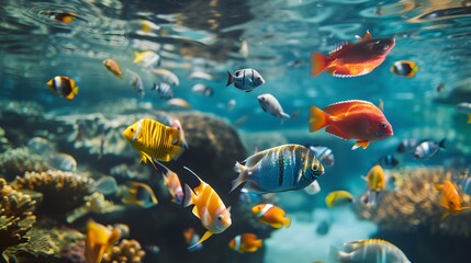 In the pristine waters, a mesmerizing array of ornamental fish creates a captivating underwater spectacle