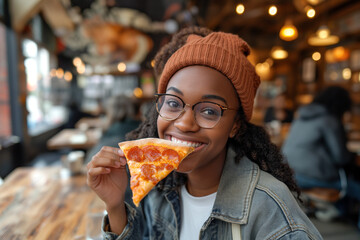 Happy woman eating a piece of pizza in a cafe