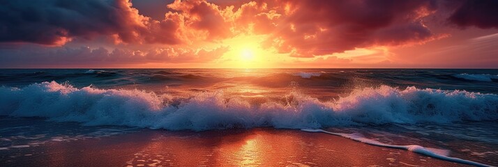 Horizontal panoramic banner of ocean sunset with clouds at golden hour with waves and saturated colors.