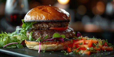 Juicy delicious hamburger with double steak, tomato and herbs. - obrazy, fototapety, plakaty
