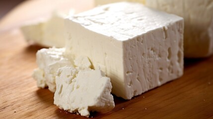 Fototapeta na wymiar Fresh White Cheese on Wooden Cutting Board 