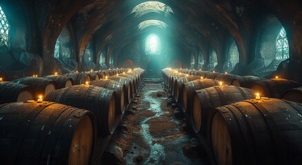 Amidst the dimly lit cave, a tunnel of barrels lines the walls of an indoor space, their contents...