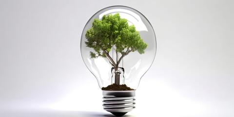 Electric Bulb With Growing Green Tree Inside, Concept Of Ecological Problems In Our Life