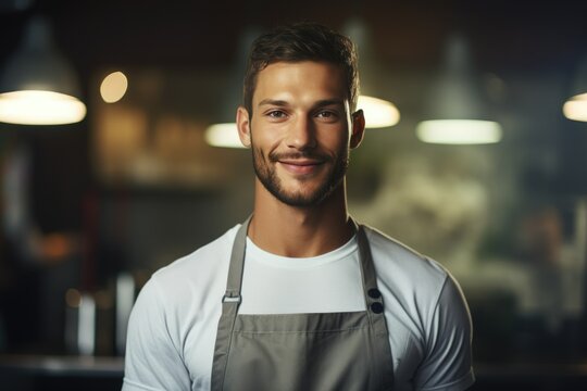 portrait of a young man in an apron. Waiter. Barista. Job search. Worker. Services. Staff