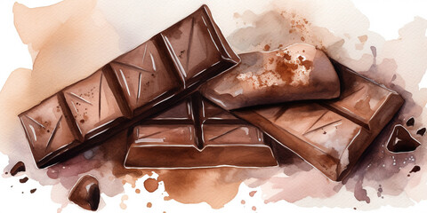 Watercolor illustration of chocolate bar pieces with splashes of chocolate on a white background - 736370605