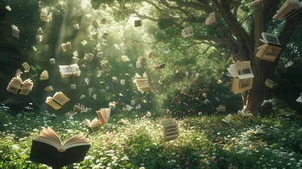 Deurstickers Wander through a sun-dappled forest glade where books grow like blossoms from the earth, their pages fluttering in the breeze like delicate petals. © MuhammadAshir