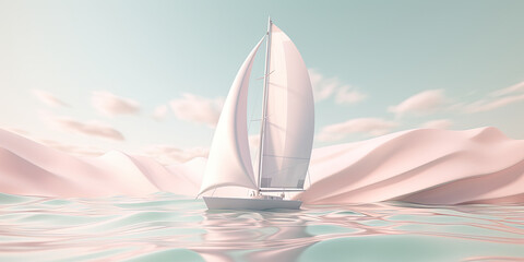 Illustration 3D Lonely Sailboat On The High Seas, In Pastel Colors - 736370661