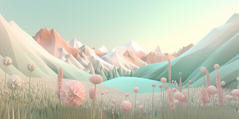 Illustration Of Mountain View With Lake And Flowers In Pastel Colors - 736370697