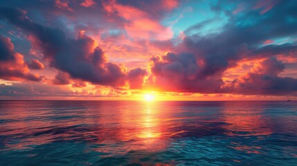Ocean landscape at sunset with calm sea and bright sky