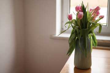 Beautiful pink tulips in a vase