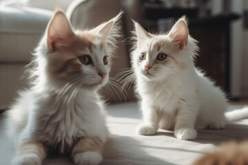 Norwegian Forest Kittens Playing In Room, Adorable Pets At Home