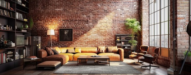 Modern loft apartment with contrasting furniture and old brick wall