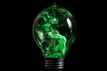 Electric Bulb With Green Smoke Inside On Black Background, Concept Of Ecological Problems Of Our Planet