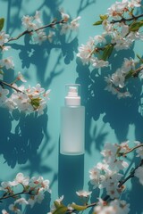 Mockup of packaging with micellar water, Hydration cosmetics on a background with a blooming apple tree. Empty bottle with Hydration cosmetics with flowers, natural skin care with hydration