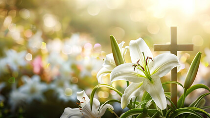 Easter concept, cross and blooming lilies , blurred background with a bac. Postcard template for the religious Great Holiday of Holy Easter