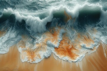 The relentless force of nature is captured in the crashing waves as the wind and tide collide, creating a mesmerizing display of foam and ocean spray on the sandy beach - obrazy, fototapety, plakaty