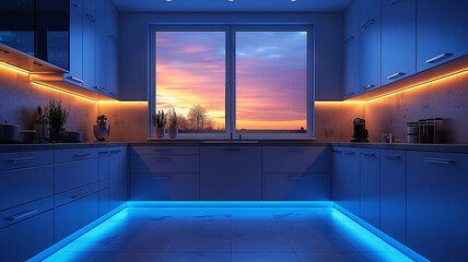 Chic neon kitchen with vibrant hues and dynamic lighting for trendy vibe