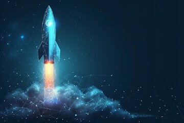 A space rocket in low wire frame polygon line on dark blue abstract background with a empty space, Generative AI.