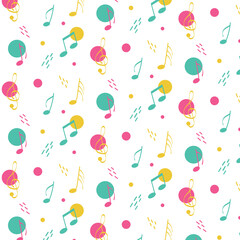 Vector pattern of music notes, yellow, green and pink notes