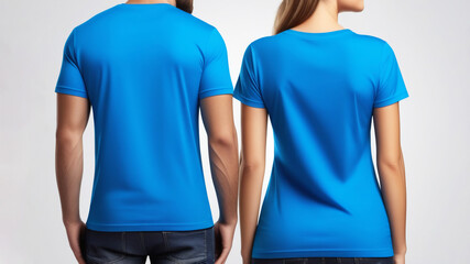 Man and woman wearing blank blue t-shirts, back view. Design, mockup, template for logo or print