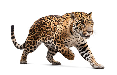 Jaguar in action hunting pose, isolated background