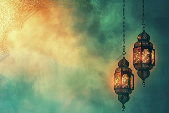 Islam people in ramadhan with a lantern on the mosque, food, happpy vibes, islamic and floating lantern background