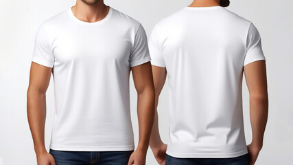 Close-up of man wearing blank white t-shirt, front and back view. Design, mockup, template for logo