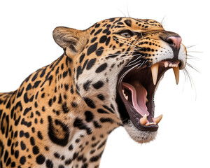 Head portrait of a jaguar with open mouth and visible fangs, isolated background